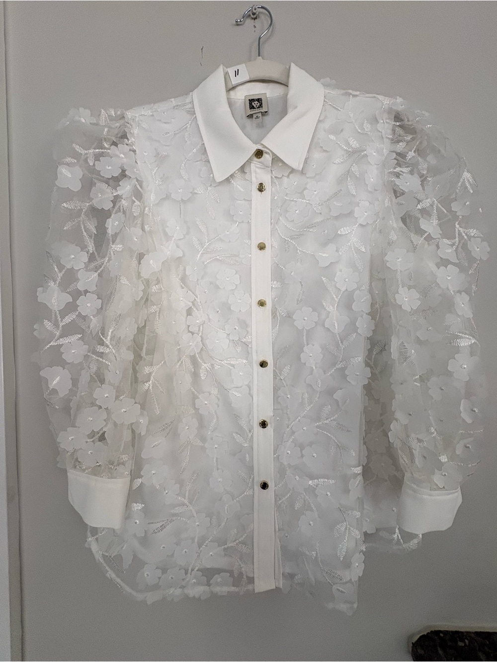 Anne Klein White Floral Organza Button-Down Blouse